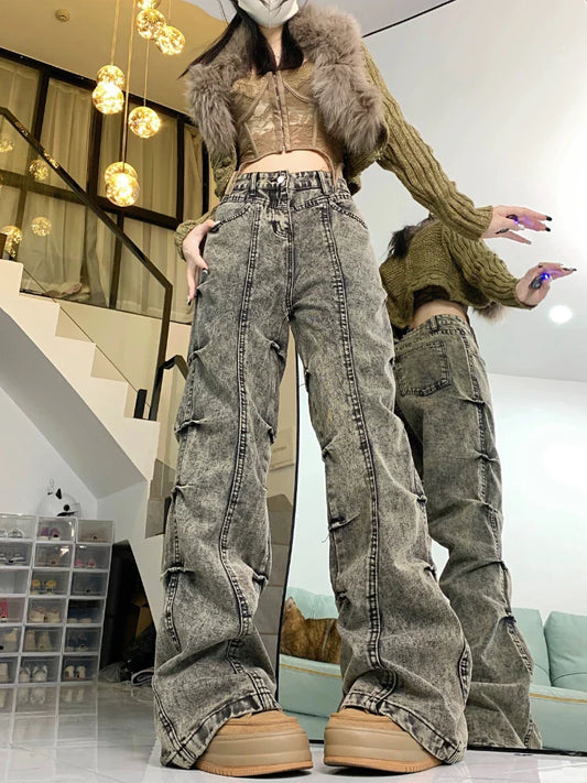 Vintage Flared Jeans Women Fashion Baggy Pleated Wide Leg Denim Pants Y2k High Waist Pants