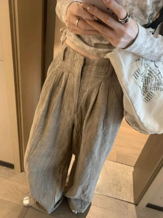 Linen Pants Women Oversize Pleated High Waist Wide Leg Slouchy Pants