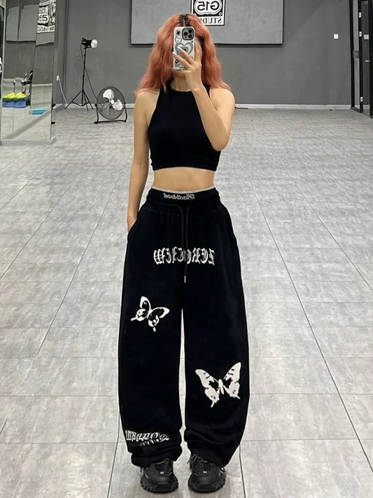 Y2k Women's Sports Pants Streetwear Baggy Pattern Wide Leg Pants