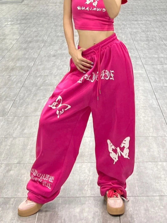 Y2k Women's Sports Pants Streetwear Baggy Pattern Wide Leg Pants