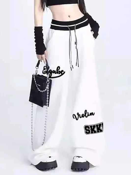 Women Sports Pants Hip Hop Baggy Letter Pattern Wide Leg Jogging Pants