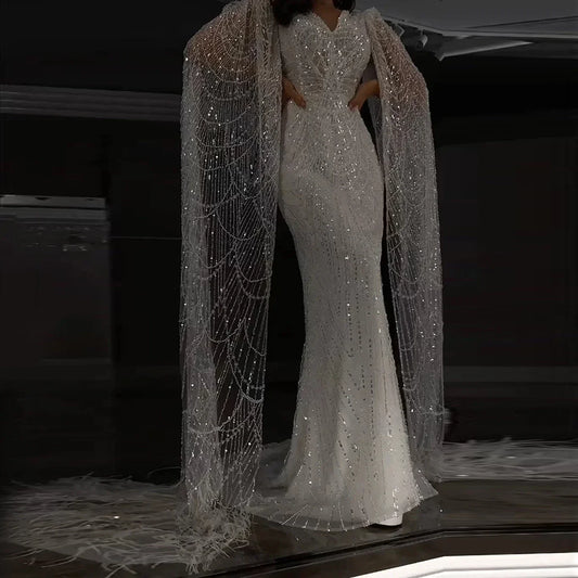 White Feather Mermaid Evening Dresses Cape Sleeves