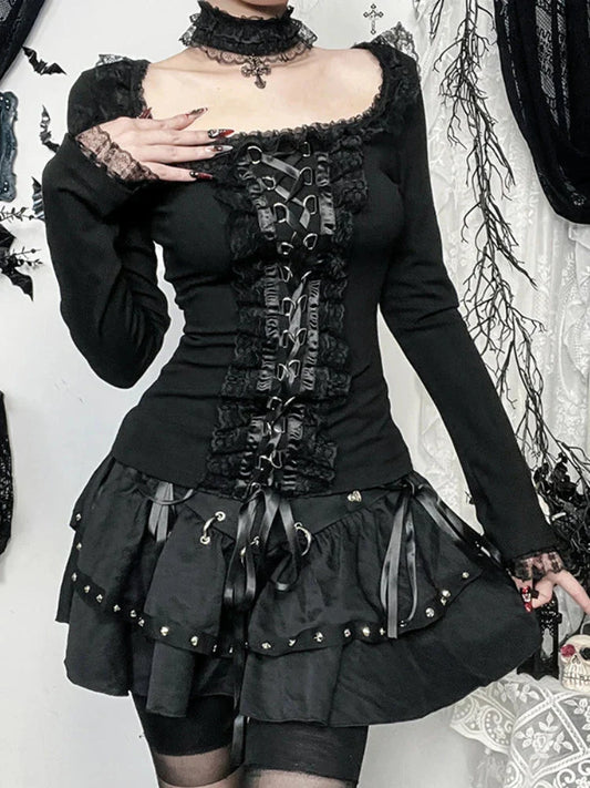 Lace Square Collar Knit Top Black / S