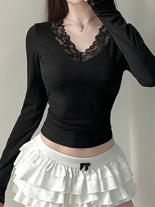 Lace V-neck Patchwork Knit Top