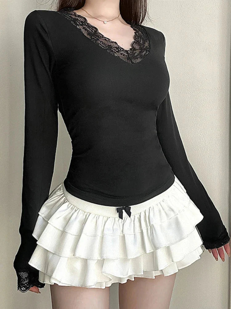 Lace V-neck Patchwork Knit Top