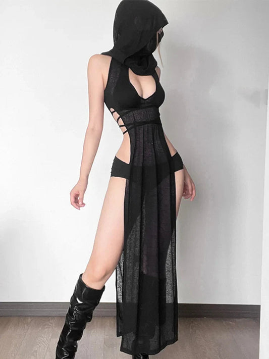 Transparent Excavated Hooded Full-Length Dress Black / S