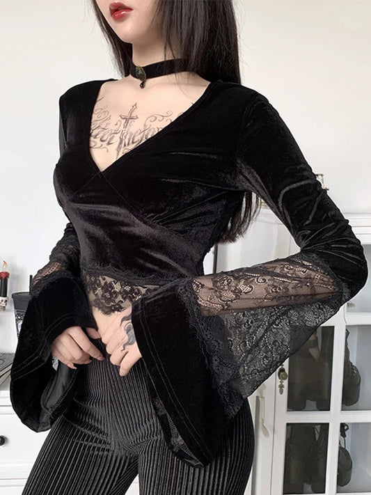 Bright Lace Sleeve Knit Top black / S