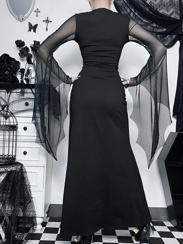 Gloomy Halloween Net Patchwork Flare Sleeve Full-Length Dress