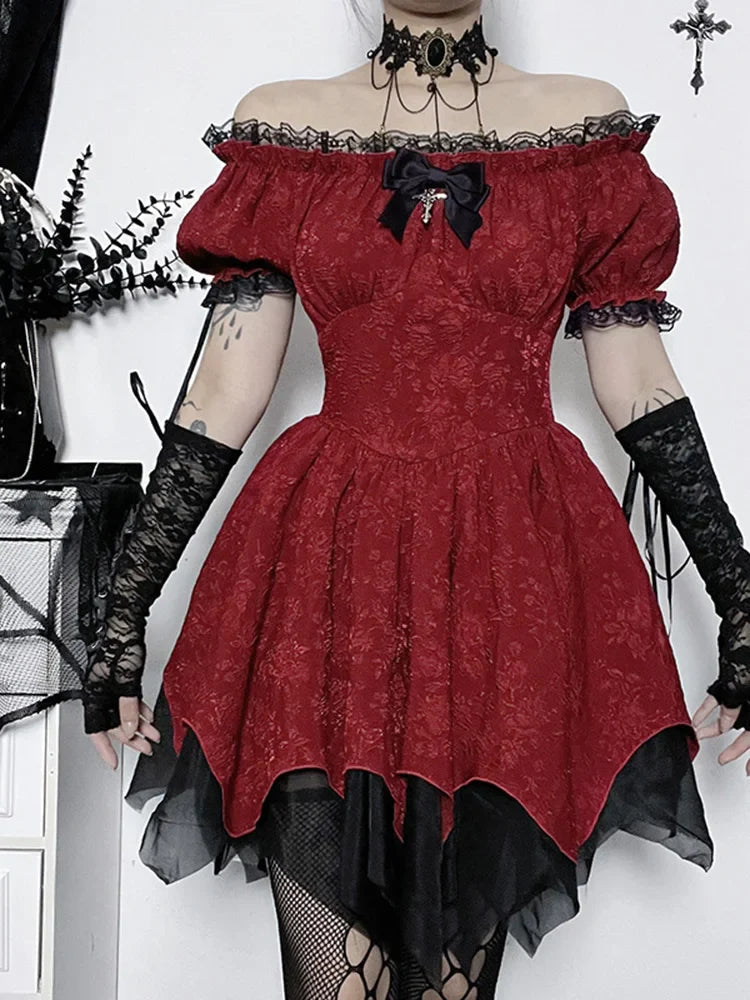 Lace Patchwork Puff Mini Dress