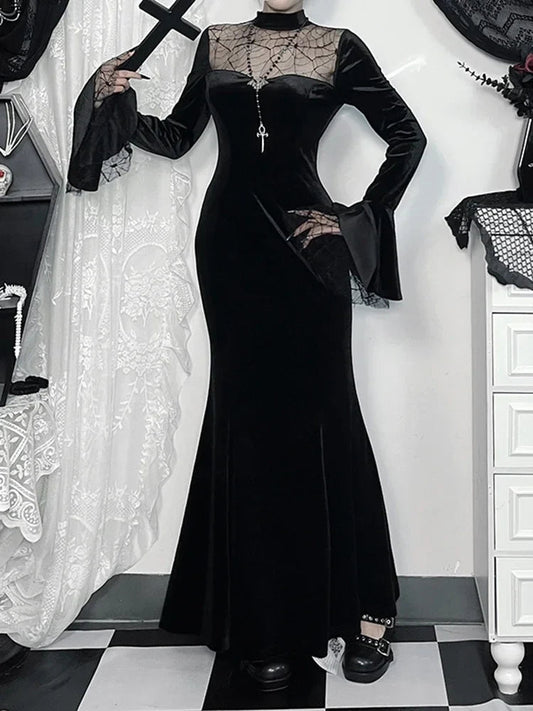 Spider Web Mesh Patchwork Long Dress Black / S