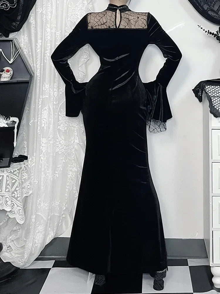 Spider Web Mesh Patchwork Long Dress
