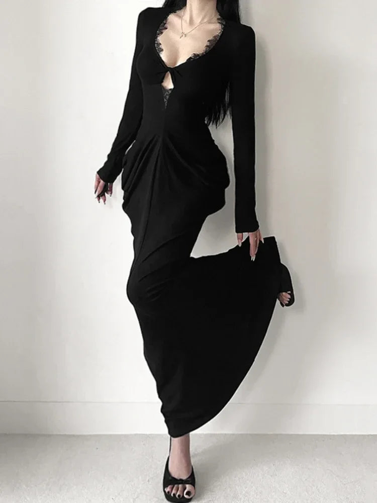 Graceful Lace Patchwork Corset Long Dress Black / XS