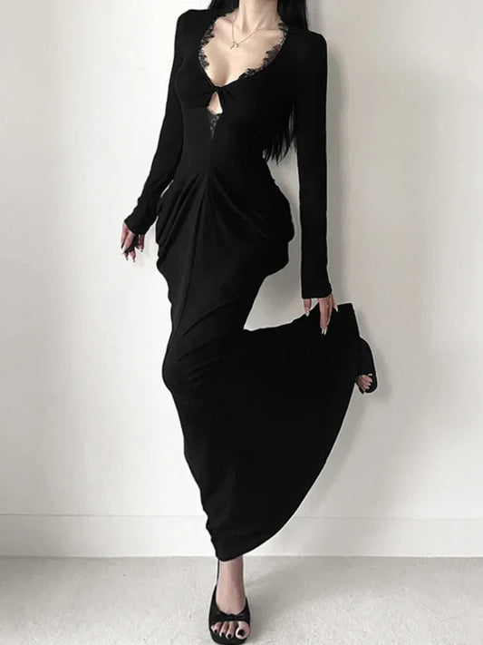 Graceful Lace Patchwork Corset Long Dress Black / XS