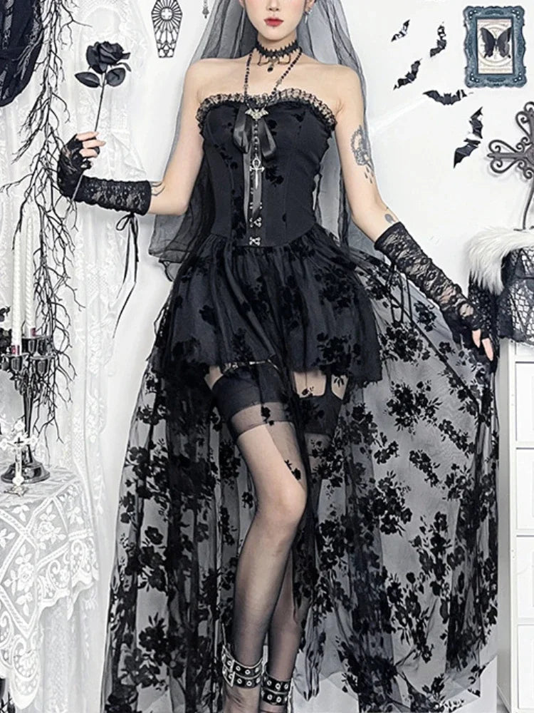 Obscure Blooms Net Bodice Midi Dress Black / XS