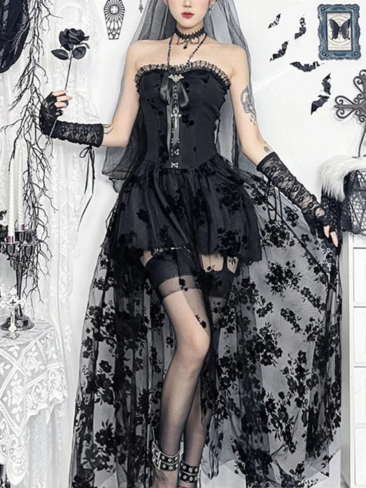 Obscure Blooms Net Bodice Midi Dress Black / XS