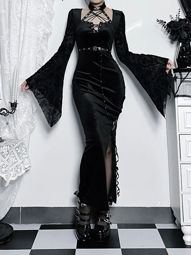 Leather Cord Sleeve Tall Waist Full-Length Dress Black / S