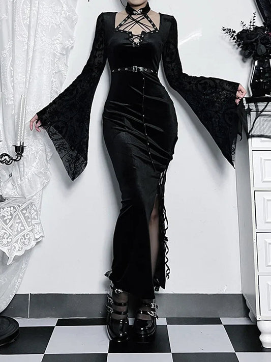 Leather Cord Sleeve Tall Waist Full-Length Dress Black / S