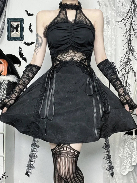 Lace Patchwork Halter Mini Dress