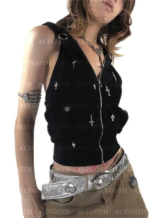 Streetwear Gothic Dark Vest Cyberpunk Cross Hooded Alt Grunge Crop Top