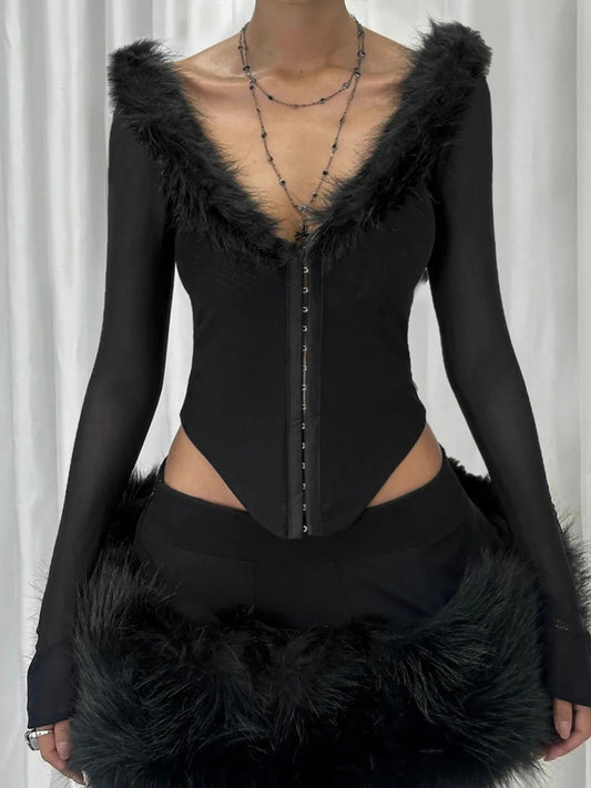 Furry Collar V-neck Knit Top Black / S