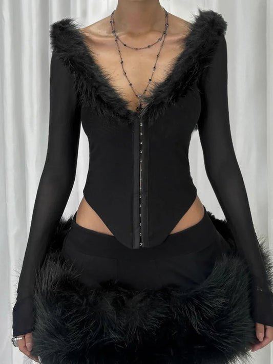 Fur Collar V-neck Knit Top Black / S