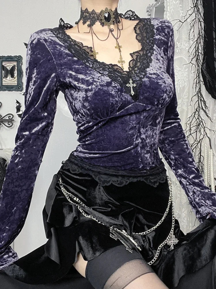 Soft Lace Patchwork Knit Top Purple / XS