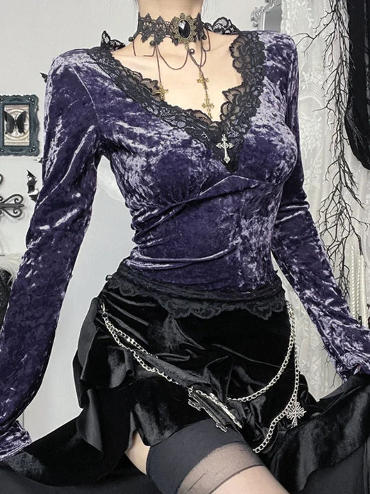 Velvet Lace Patchwork Knit Top Purple / XS