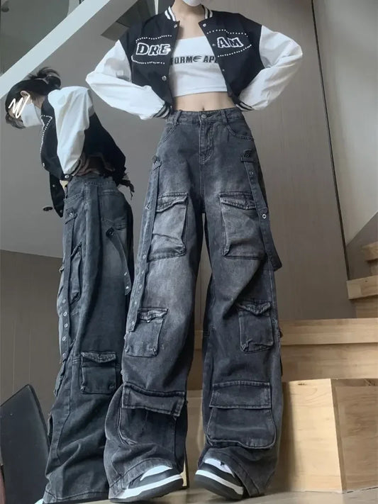 Fashion Multi-pocket Design Street Jeans Women Wide Legs Loose Washed Old Pants