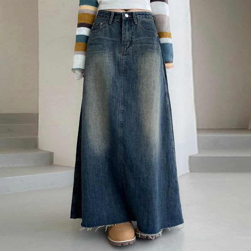 New Style American Denim Long Skirt with Worn Pockets Bottom