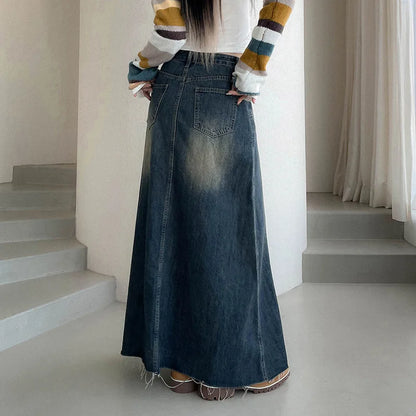 New Style American Denim Long Skirt with Worn Pockets Bottom