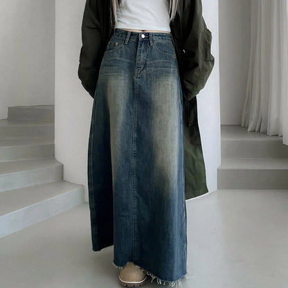 New Style American Denim Long Skirt with Worn Pockets Bottom