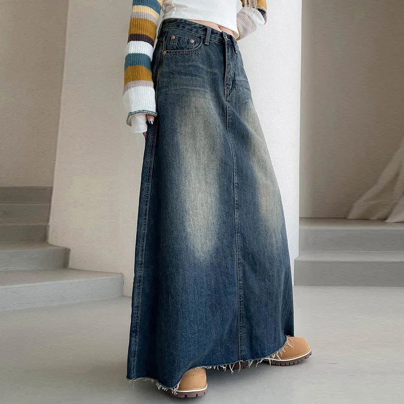 New Style American Denim Long Skirt with Worn Pockets Bottom