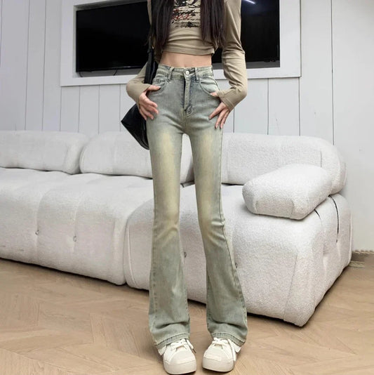 American retro yellow mud dye micro-ram female spring new High-waisted Elastic Slim versatile Flare Jeans