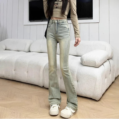 American retro yellow mud dye micro-ram female spring new High-waisted Elastic Slim versatile Flare Jeans