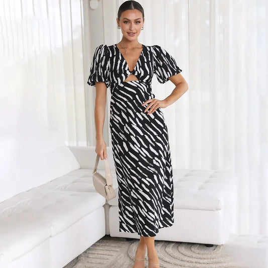 FashionSierra - 2024 Elegant Stripe Puff Sleeve A-Line Black Boho Dress