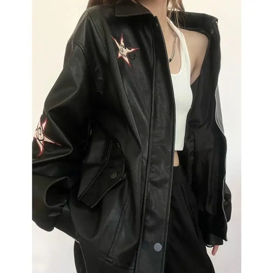 Stylish Black PU Faux Fur Jacket Embroidered Leather Jacket