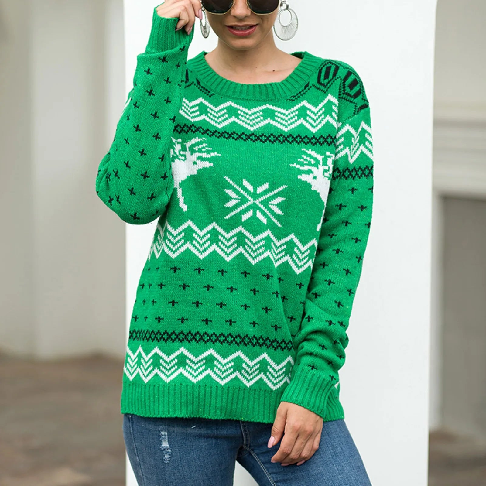 Round Neck Geometric Pattern Printed Xmas Christmas Party Green Sweater Sweaters-L