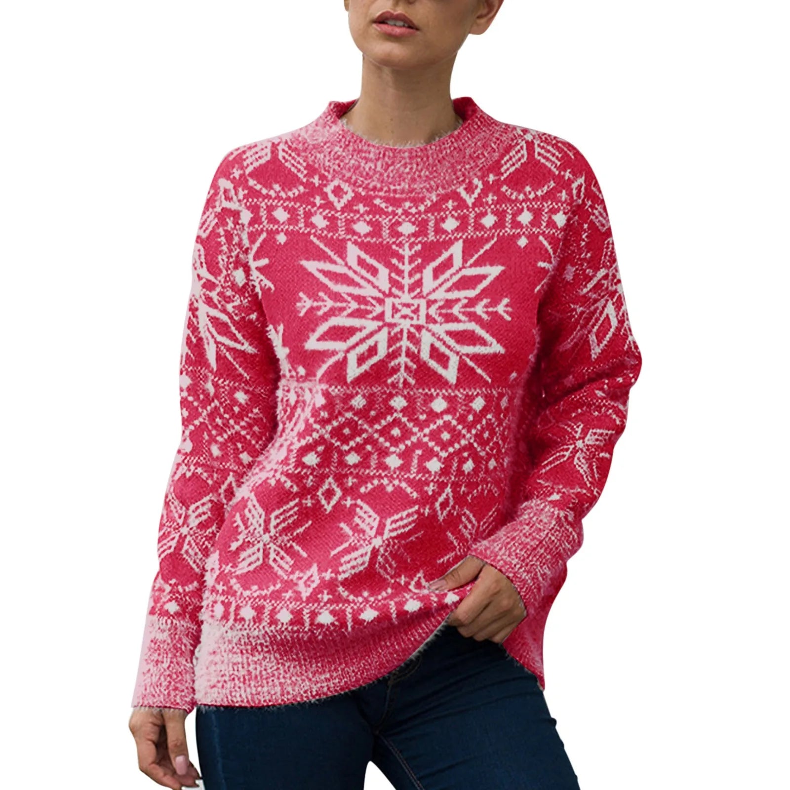 Round Neck Geometric Pattern Printed Xmas Christmas Party Green Sweater 2-Red / S Sweaters-L