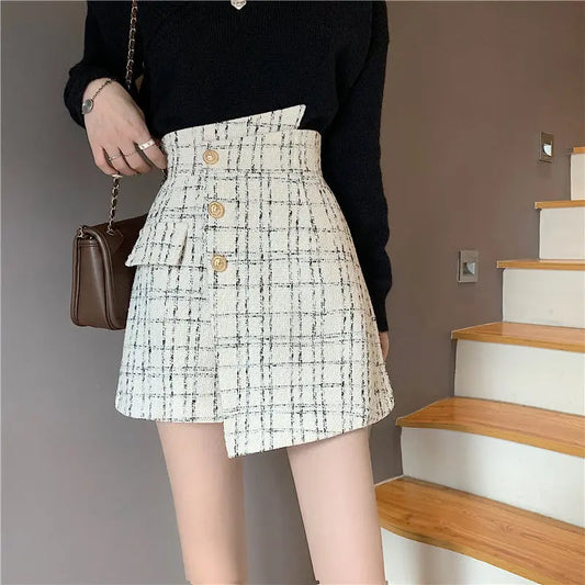 Autumn 2024 Classic Woolen Plaid Mini Shorts High Waist Skirt Shorts