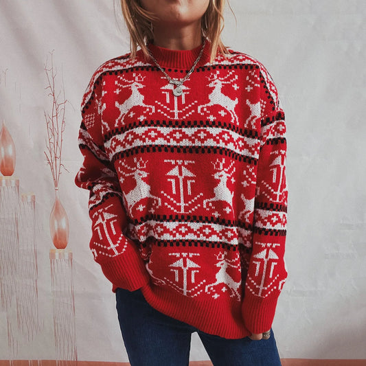 Funny Reindeer Printed Christmas Sweat Womens Sweater Red / S Sweaters-L