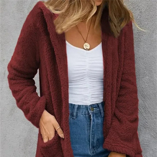 New Women Clothing Color Fleece Cardigan Pocket Casual Elegant Loose Fit Warm Fashion Vintage Coat