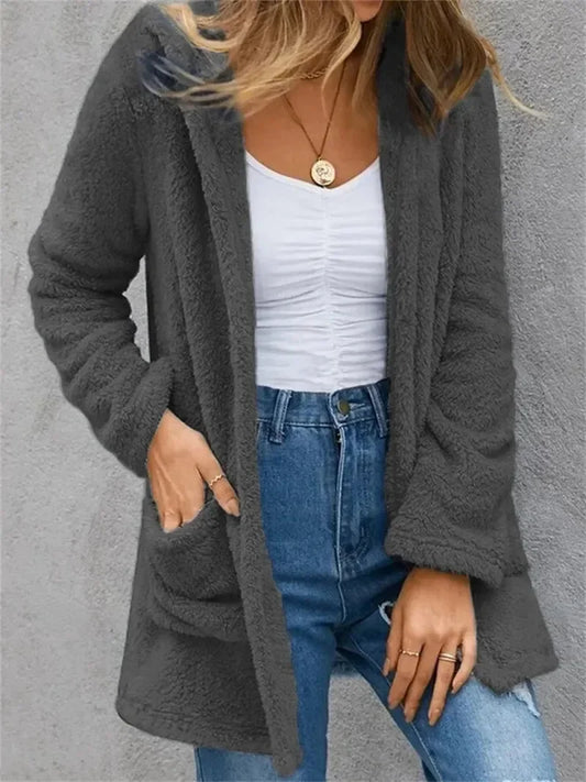 New Women Clothing Color Fleece Cardigan Pocket Casual Elegant Loose Fit Warm Fashion Vintage Coat