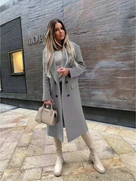 Autumn Women Woolen Retro Fashion Black Long Sleeve Blue Casual Winter Street Wear Loose Coat