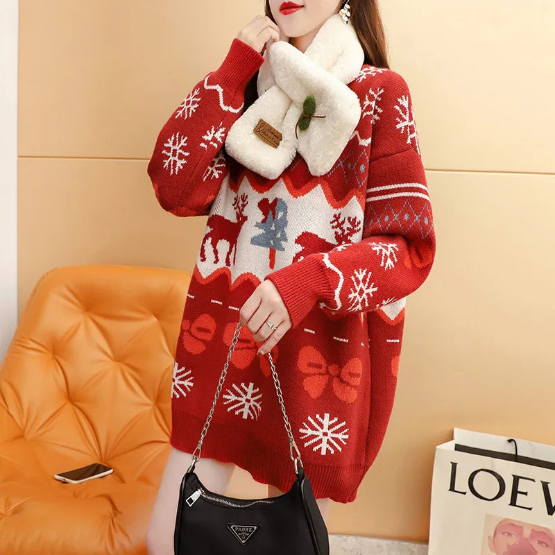 Autumn Winter Christmas Elk Red Oversized Casual Fashion Sweater Sweaters-L