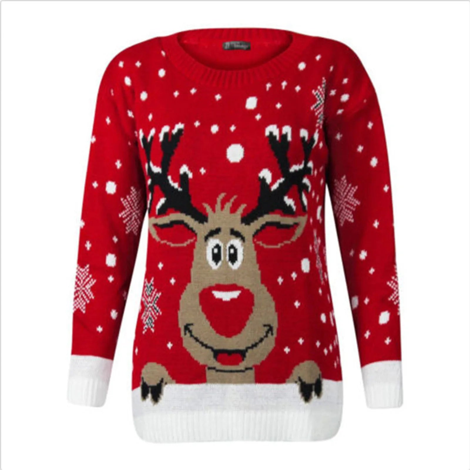 Warm Long Sleeves Fur Collar Cartoon Reindeer Print Christmas Sweater Red / S Sweaters-L