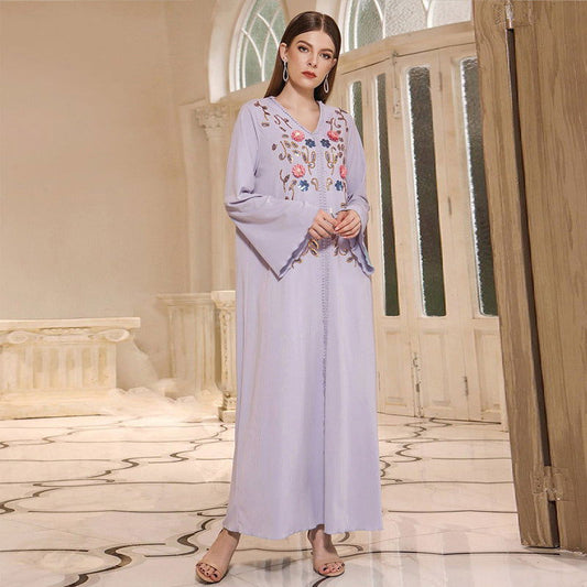 Blue Robe Dress Abaya V neck Embroidery Dress Robe