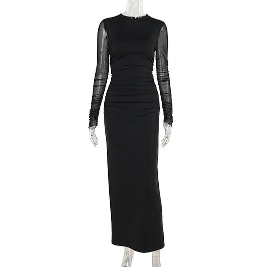 Long dress Socialite Elegant Slim Fit Mesh Sleeves Solid Color