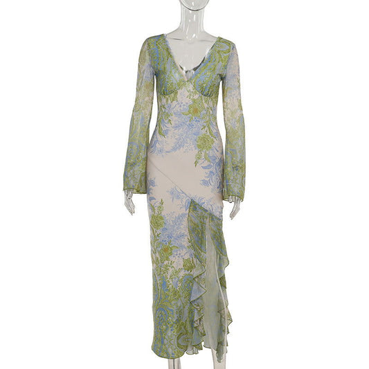 Maxi Dress Elegant Slim Print Irregular Asymmetric Hem