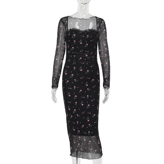 Adult Lady like Woman Maxi Dress Retro Long Sleeve Pure Printing