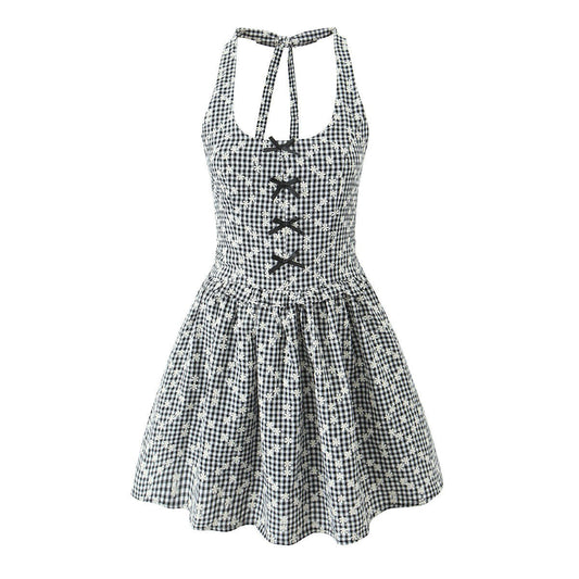 Slim Full Body Embroidered Bow Halter Backless Dress Short